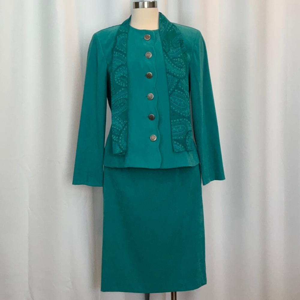 Leslie Faye Dresses Teal Turquoise Suede Cloth Jacket & Skirt Suit Women Size 14